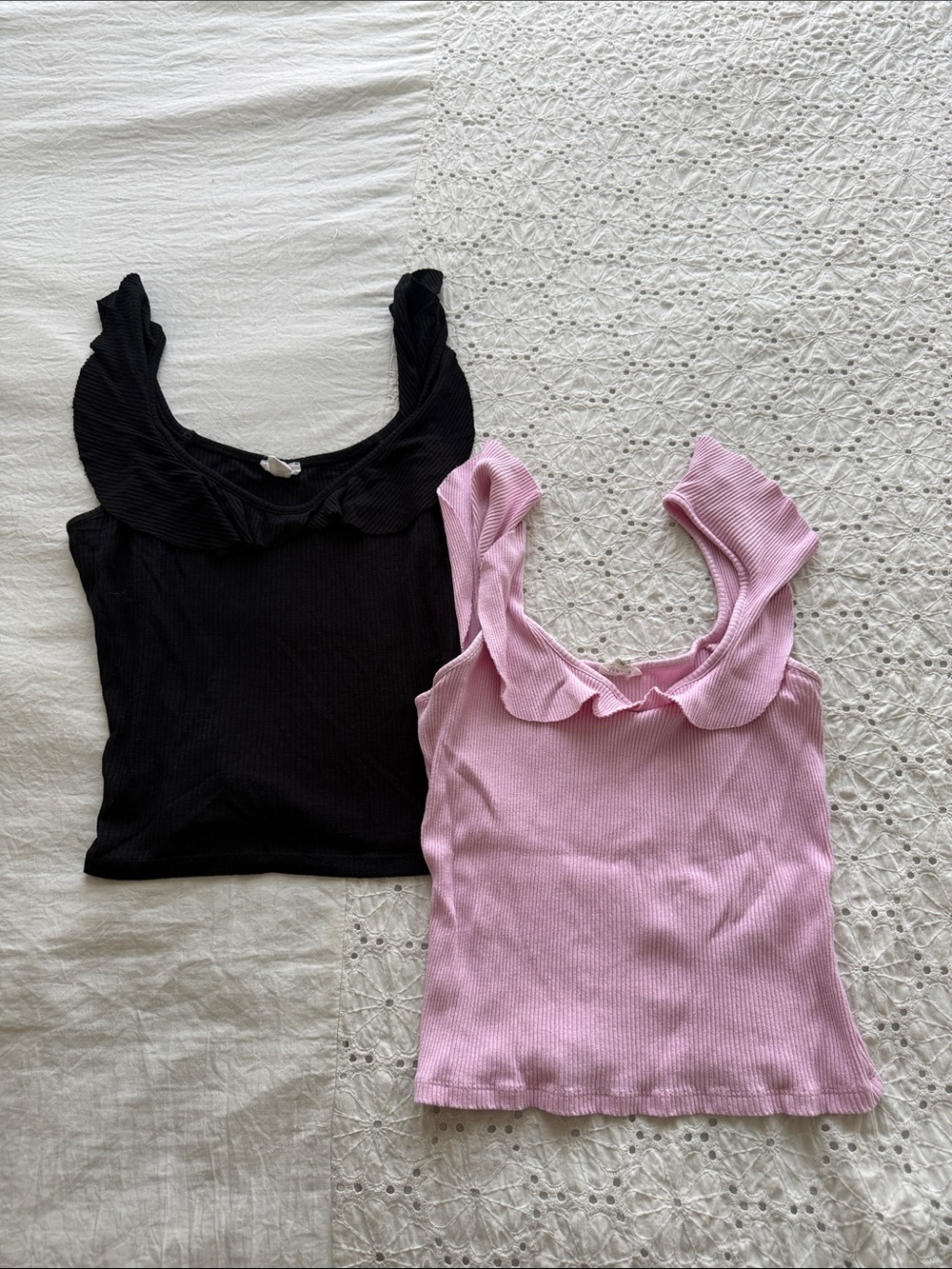 Set of Two Garage Ribbed Ruffle Scoop Tank Tops - Black & Light Pink